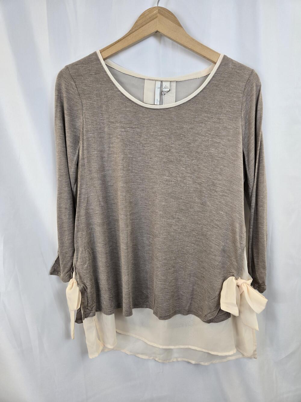 LC Lauren Conrad Blouse Womens Large Gray Side Bow Layered Hem Tunic Top Sheer
